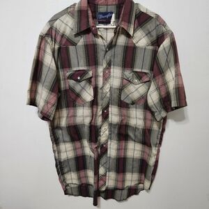 Vtg Wrangler Maroon Plaid Mens USA Pearl Snap Short Sleeve Western Shirt 17